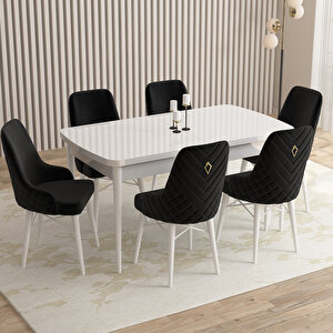 Flora Beyaz 80x132 Mdf Açılabilir Mutfak Masası Takımı 6 Adet Sandalye Siyah
