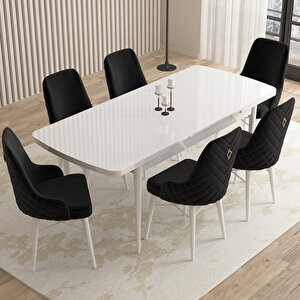Flora Beyaz 80x132 Mdf Açılabilir Mutfak Masası Takımı 6 Adet Sandalye Siyah
