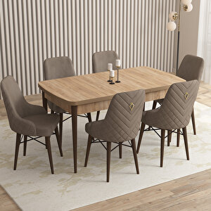 Flora Meşe Desen 80x132 Mdf Açılabilir Mutfak Masası Takımı 6 Adet Sandalye Cappucino