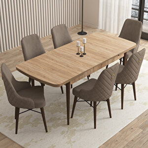 Flora Meşe Desen 80x132 Mdf Açılabilir Mutfak Masası Takımı 6 Adet Sandalye Cappucino