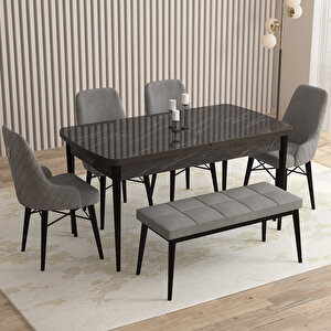 Flora Siyah Mermer Desen 80x132 Mdf Açılabilir Mutfak Masası Takımı 4 Sandalye, 1 Bench Gri
