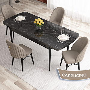 Elf Serisi 80x132 Açılabilir Siyah Mermer Desen Masa Takımı Ve 4 Cappucino Sandalye Cappucino