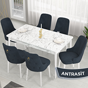 Lav Serisi 80x132 Beyaz Mermer Desen Masa Takımı Ve Gold Halkalı 6 Antrasit Sandalye Antrasit