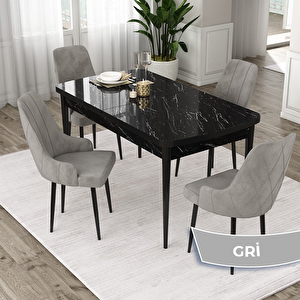 Eta Serisi 80x132 Açılabilir Mdf Siyah Mermer Desen Masa Takımı Ve 4 Gri Sandalye Gri