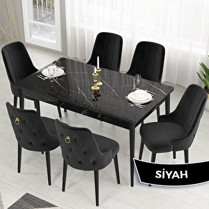 Lav Serisi 80x132 Siyah Mermer Desen Masa Takımı Ve Gold Halkalı 6 Siyah Sandalye Siyah