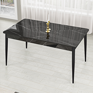 Lav Serisi 80x132 Siyah Mermer Desen Masa Takımı Ve Gold Halkalı 6 Siyah Sandalye Siyah