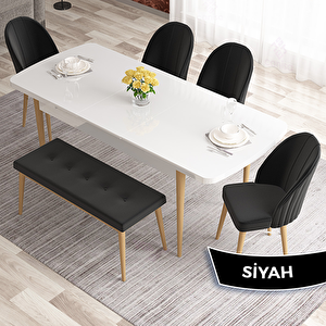 Elf Serisi 80x132 Açılabilir Beyaz Doğal Ahşap Ayak Masa Takımı 4 Siyah Sandalye Ve 1 Bench Siyah