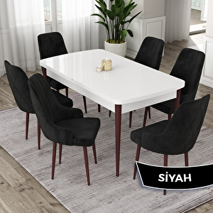 Eta Serisi 80x132 Açılabilir Mdf Beyaz Ceviz Ayak Masa Takımı Ve 6 Siyah Sandalye Siyah