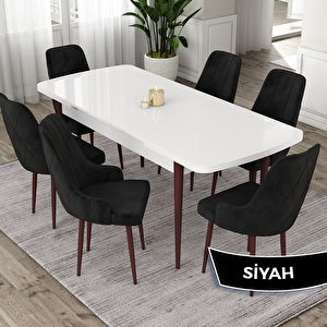 Eta Serisi 80x132 Açılabilir Mdf Beyaz Ceviz Ayak Masa Takımı Ve 6 Siyah Sandalye Siyah