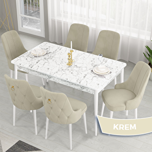 Lav Serisi 80x132 Beyaz Mermer Desen Masa Takımı Ve Gold Halkalı 6 Krem Sandalye Krem