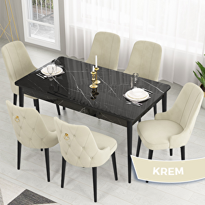 Lav Serisi 80x132 Siyah Mermer Desen Masa Takımı Ve Gold Halkalı 6 Krem Sandalye Krem