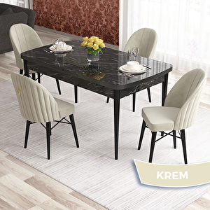 Elf Serisi 80x132 Açılabilir Siyah Mermer Desen Masa Takımı Ve 4 Krem Sandalye Krem