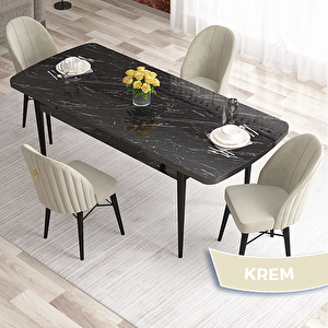 Elf Serisi 80x132 Açılabilir Siyah Mermer Desen Masa Takımı Ve 4 Krem Sandalye Krem