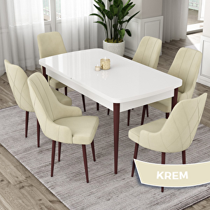 Eta Serisi 80x132 Açılabilir Mdf Beyaz Ceviz Ayak Masa Takımı Ve 6 Krem Sandalye Krem