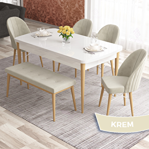 Elf Serisi 80x132 Açılabilir Beyaz Doğal Ahşap Ayak Masa Takımı 4 Krem Sandalye Ve 1 Bench Krem