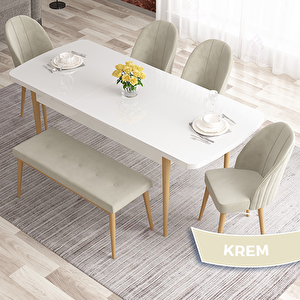 Elf Serisi 80x132 Açılabilir Beyaz Doğal Ahşap Ayak Masa Takımı 4 Krem Sandalye Ve 1 Bench Krem