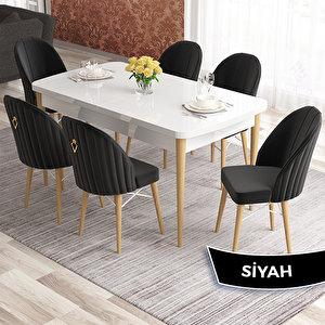 Elf Serisi 80x132 Açılabilir Beyaz Doğal Ahşap Ayak Masa Takımı Ve 6 Siyah Sandalye Siyah