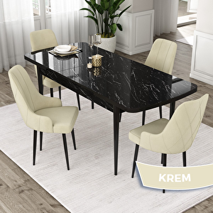 Eta Serisi 80x132 Açılabilir Mdf Siyah Mermer Desen Masa Takımı Ve 4 Krem Sandalye Krem
