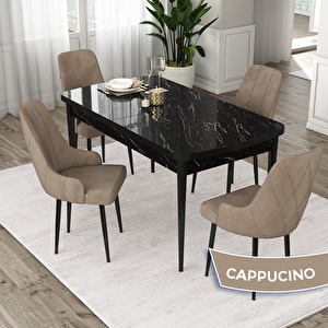 Eta Serisi 80x132 Açılabilir Mdf Siyah Mermer Desen Masa Takımı Ve 4 Cappucino Sandalye Cappucino