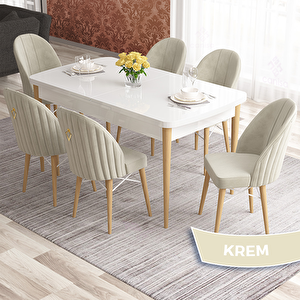 Elf Serisi 80x132 Açılabilir Beyaz Doğal Ahşap Ayak Masa Takımı Ve 6 Krem Sandalye Krem