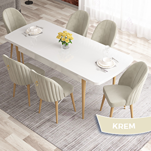 Elf Serisi 80x132 Açılabilir Beyaz Doğal Ahşap Ayak Masa Takımı Ve 6 Krem Sandalye Krem