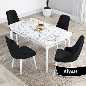 Kar Serisi 80x132 Açılabilir Mdf Beyaz Mermer Desen Masa Takımı Ve 4 Siyah Sandalye Siyah