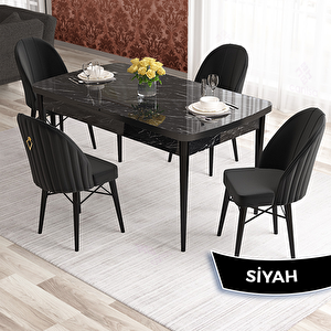 Elf Serisi 80x132 Açılabilir Siyah Mermer Desen Masa Takımı Ve 4 Siyah Sandalye Siyah