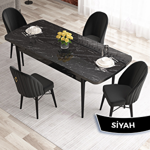 Elf Serisi 80x132 Açılabilir Siyah Mermer Desen Masa Takımı Ve 4 Siyah Sandalye Siyah