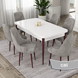 Eta Serisi 80x132 Açılabilir Mdf Beyaz Ceviz Ayak Masa Takımı Ve 6 Gri Sandalye Gri