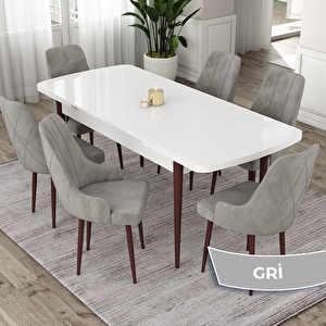 Eta Serisi 80x132 Açılabilir Mdf Beyaz Ceviz Ayak Masa Takımı Ve 6 Gri Sandalye Gri