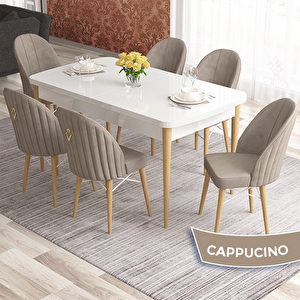 Elf Serisi 80x132 Açılabilir Beyaz Doğal Ahşap Ayak Masa Takımı Ve 6 Cappucino Sandalye Cappucino