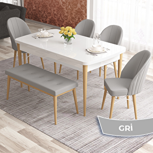 Elf Serisi 80x132 Açılabilir Beyaz Doğal Ahşap Ayak Masa Takımı 4 Gri Sandalye Ve 1 Bench Gri