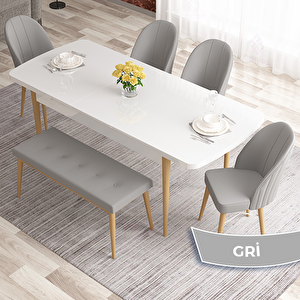 Elf Serisi 80x132 Açılabilir Beyaz Doğal Ahşap Ayak Masa Takımı 4 Gri Sandalye Ve 1 Bench Gri