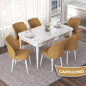 Nef Serisi 70x114 Açılabilir Mdf Beyaz Mermer Desen Masa Takımı Ve 6 Cappucino Sandalye Cappucino