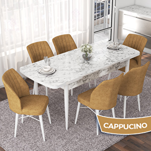 Nef Serisi 70x114 Açılabilir Mdf Beyaz Mermer Desen Masa Takımı Ve 6 Cappucino Sandalye Cappucino