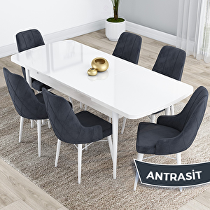 Kar Serisi 80x132 Açılabilir Mdf Beyaz Masa Takımı Ve 6 Antrasit Sandalye Antrasit