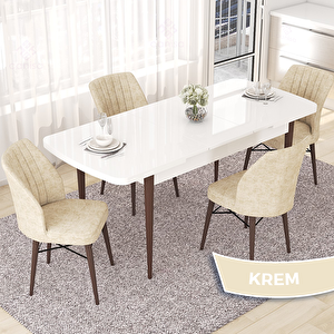 Nef Serisi 70x114 Açılabilir Mdf Beyaz Ceviz Ayak Masa Takımı Ve 4 Krem Sandalye Krem