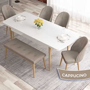 Elf Serisi 80x132 Açılabilir Beyaz Doğal Ahşap Ayak Masa Takımı 4 Cappucino Sandalye Ve 1 Bench Cappucino