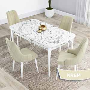 Kar Serisi 80x132 Açılabilir Mdf Beyaz Mermer Desen Masa Takımı Ve 4 Krem Sandalye Krem