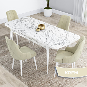 Kar Serisi 80x132 Açılabilir Mdf Beyaz Mermer Desen Masa Takımı Ve 4 Krem Sandalye Krem