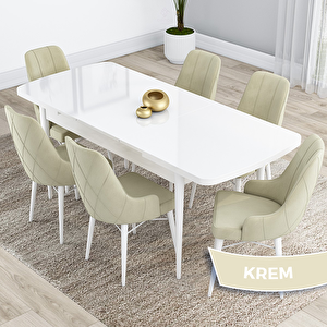 Kar Serisi 80x132 Açılabilir Mdf Beyaz Masa Takımı Ve 6 Krem Sandalye Krem