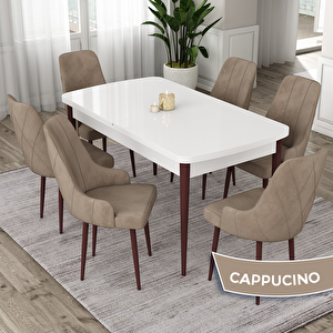Eta Serisi 80x132 Açılabilir Mdf Beyaz Ceviz Ayak Masa Takımı Ve 6 Cappucino Sandalye Cappucino