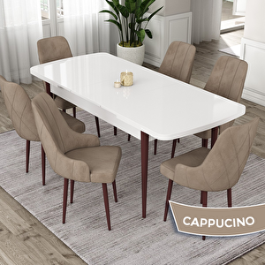 Eta Serisi 80x132 Açılabilir Mdf Beyaz Ceviz Ayak Masa Takımı Ve 6 Cappucino Sandalye Cappucino