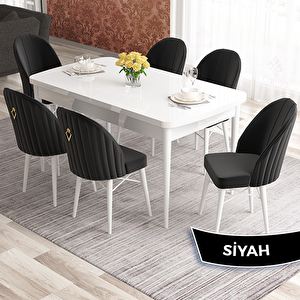 Elf Serisi 80x132 Açılabilir Beyaz Masa Takımı Ve 6 Siyah Sandalye Siyah