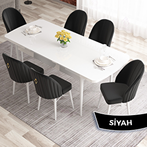 Elf Serisi 80x132 Açılabilir Beyaz Masa Takımı Ve 6 Siyah Sandalye Siyah