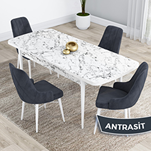 Kar Serisi 80x132 Açılabilir Mdf Beyaz Mermer Desen Masa Takımı Ve 4 Antrasit Sandalye Antrasit