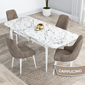 Kar Serisi 80x132 Açılabilir Mdf Beyaz Mermer Desen Masa Takımı Ve 4 Cappucino Sandalye Cappucino