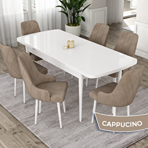 Eta Serisi 80x132 Açılabilir Mdf Beyaz Masa Takımı Ve 6 Cappucino Sandalye Cappucino