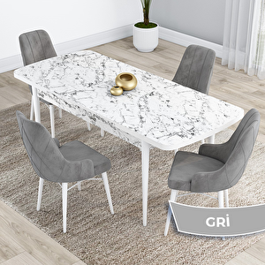 Kar Serisi 80x132 Açılabilir Mdf Beyaz Mermer Desen Masa Takımı Ve 4 Gri Sandalye Gri