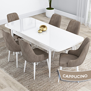 Kar Serisi 80x132 Açılabilir Mdf Beyaz Masa Takımı Ve 6 Cappucino Sandalye Cappucino